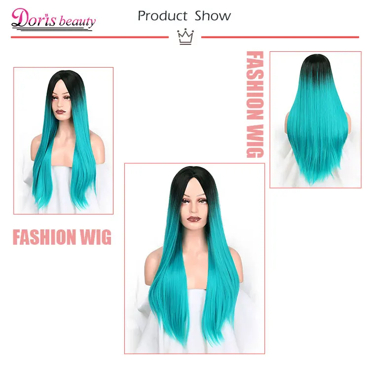 Doris beauty Ombre длинный прямой черный бирюзовый зеленый парик для женщин со средней частью Синтетический Косплей Термостойкое волокно