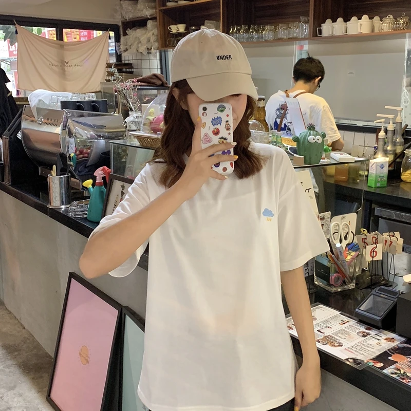 Винтажная футболка женская летняя хлопковая Топ простая вышивка Harajuku футболки Корейская одежда верхняя женская рубашка mujer футболки