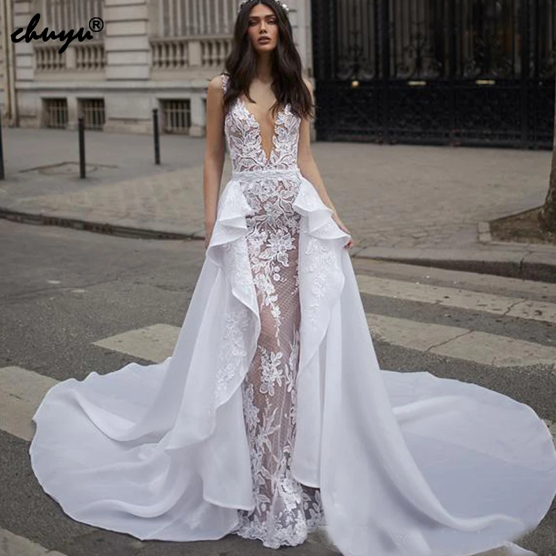 

Muslim Wedding Dresses Deep-V Detachable Appliques Illusion Dubai Arabic Wedding Gown Bridal Dress
