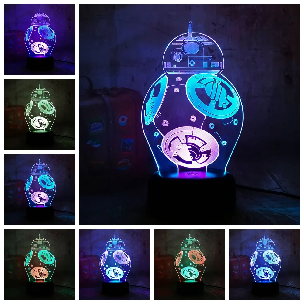 Звездные войны BB8 Lustre 3D светодиодный RGB 7 смешанных двух цветов Ночной светильник