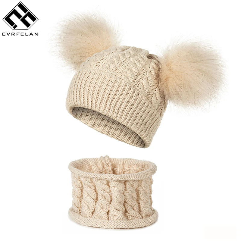 New Arrival Children Winter Thicken Braided Knitted Hat Scarf Set Solid Color Cute Fluffy Pompom Ball Beanies Scarf Set
