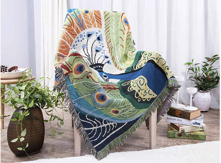 Высококачественное вязаное покрывало с павлином для кровати/дивана
