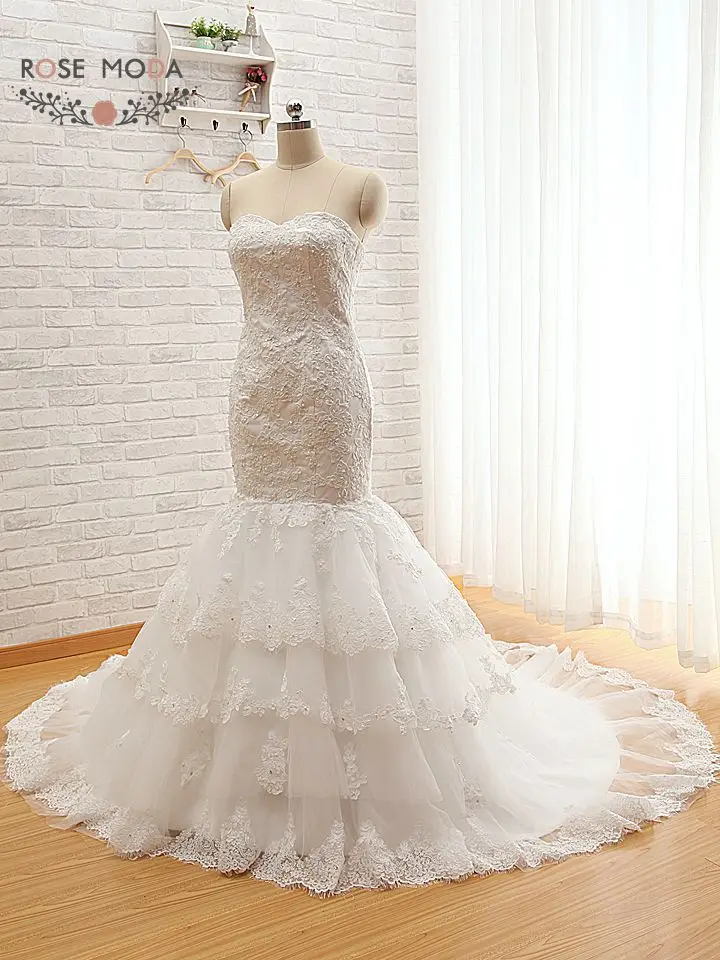 

Высококачественное Милое Свадебное платье без бретелек, с бисером, кружевное платье русалки, с длинным шлейфом, настоящее свадебное платье