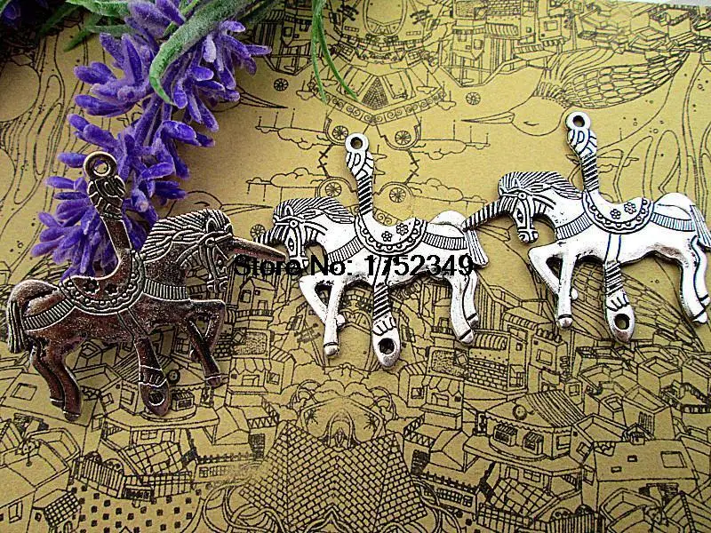 Подвески-карусели с лошадью, античный Тибетский Серебряный тон, огромный Единорог, троянская лошадь, соединительный Шарм, Подвеска 45x43 мм, 6 штук