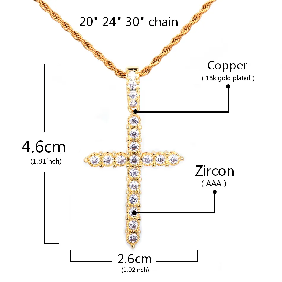 Золото серебро кубический циркон крест кулон ожерелье Медь Материал Bling CZ для мужчин и женщин хип хоп ювелирные изделия с кубинской/веревкой цепи
