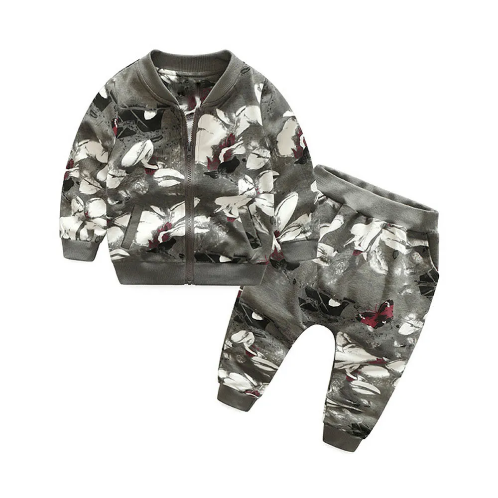 Two-piece children clothes Toddler Baby Boy Long Sleeves Floral Zipper Jacket+Pants Outfit Kid Clothes 2019 Boys Sets | Детская одежда
