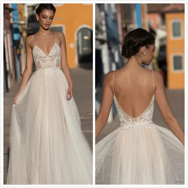 

Sexy Modest Illusion Backless Wedding Dresses Dot Lace Beach Bridal Gown vestido de noiva mariage gelinlik abiti da sposa