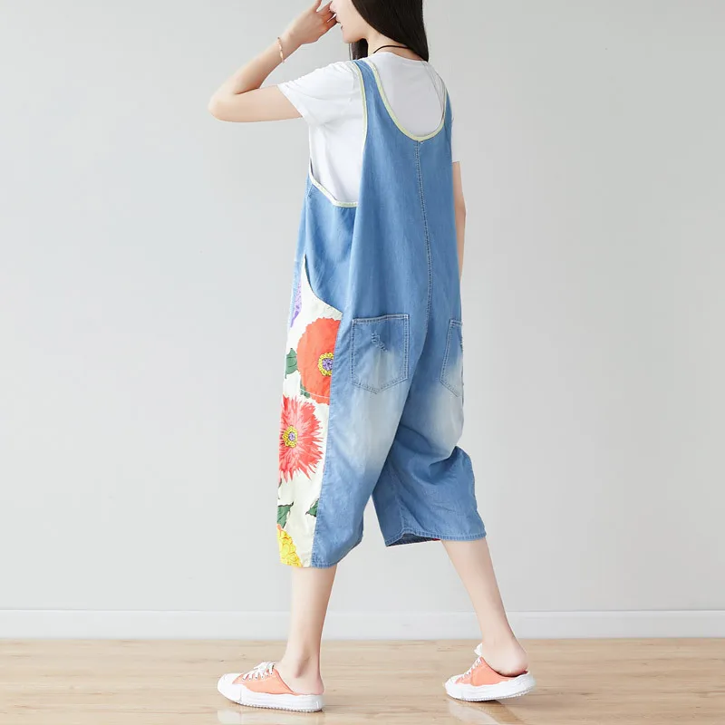 

2019 Women Seventh Bib Pants Jeans Stitching Pattern Printing Thin Worn One piece Jumpsuits