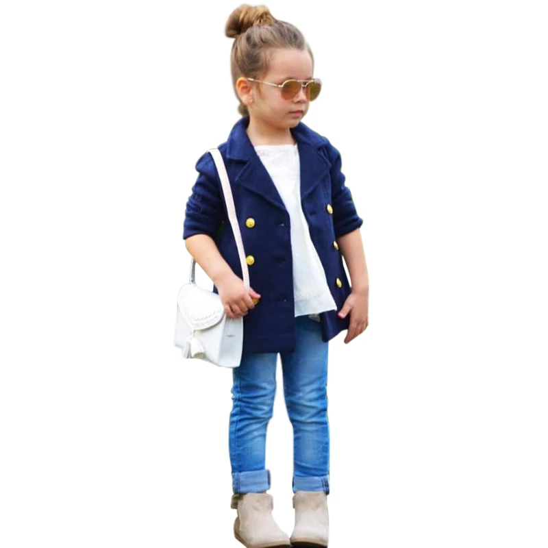 Осень-зима 2017 модная одежда для маленьких девочек пальто верхняя темно-синего