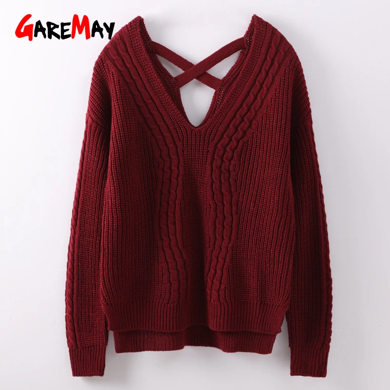 Autumn Sweaters For Women Off Shoulder Sweater Backless Winter Warm Womens V Neck Pink Ladies Pullover Long Sleeves | Женская одежда