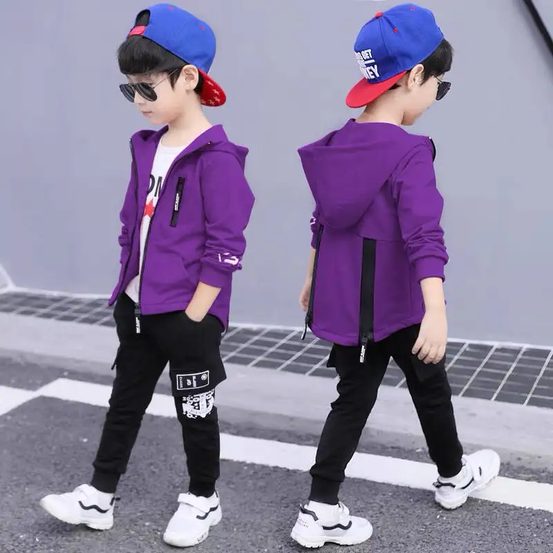 Spring & Autumn Polyester Boy Sets 2021 Korean Version Movement Fashion Two-Piece Handsome Hooded Casual Children's Clothing |