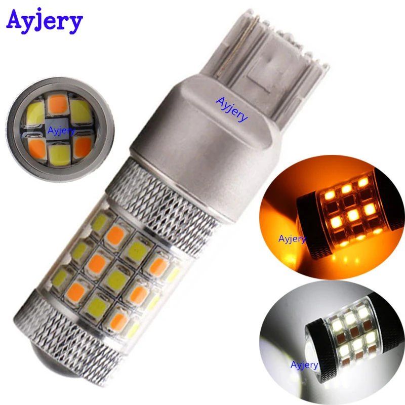 

AYJERY !! 2PCS T20 P21W 7443 2835 42 SMD Led Car Bulb White/Amber Dual Color DC 12V Turn Signal Light Paring Light