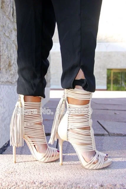 ALMUDENA High End Black White Thin Strappy Fringe Gladiator Sandals Stiletto Heels Cage Sandal Booties Tassel Dress Shoes Size43