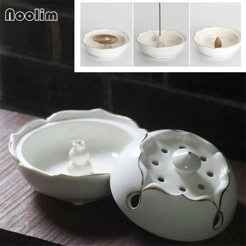 Antique White Lotus Coil Incense Burner With Hollow Cover Gold Edge Stick Holder Home Office Decoration Aroma Censer | Дом и сад