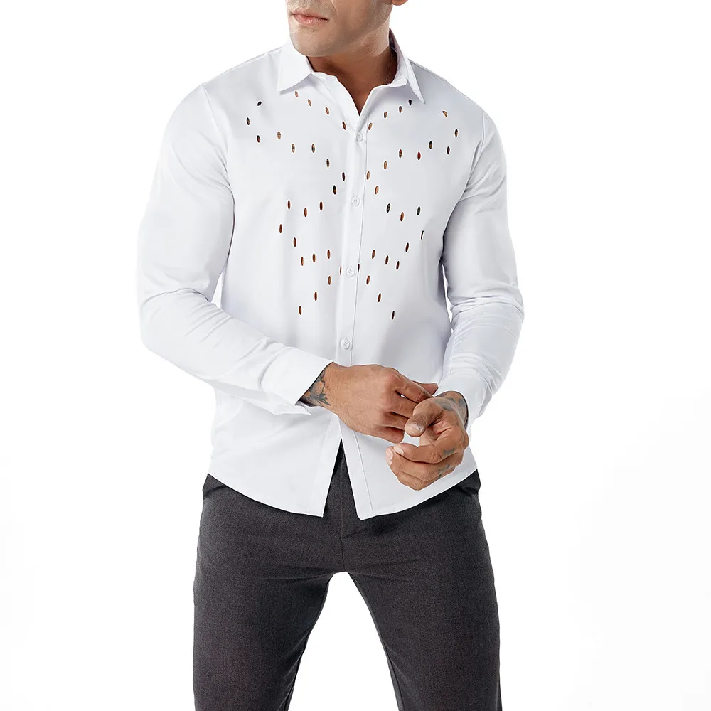 Мужская рубашка с длинным рукавом Lncdis повседневная Однотонная дырками Camisa Masculina
