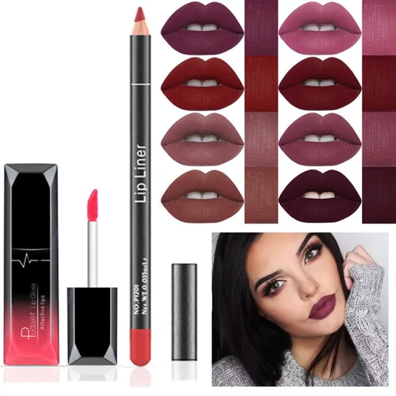 Pudaier матовые наборы помад долговечная жидкость Lipkit+ бархатный карандаш для губ Макияж телесный водонепроницаемый блеск для губ 12 цветов выбрать