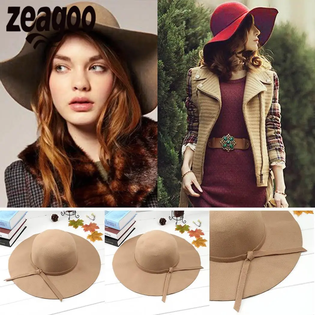 None Wool женская шляпа с широкими полями и бантиком пляжный Винтажный стиль |