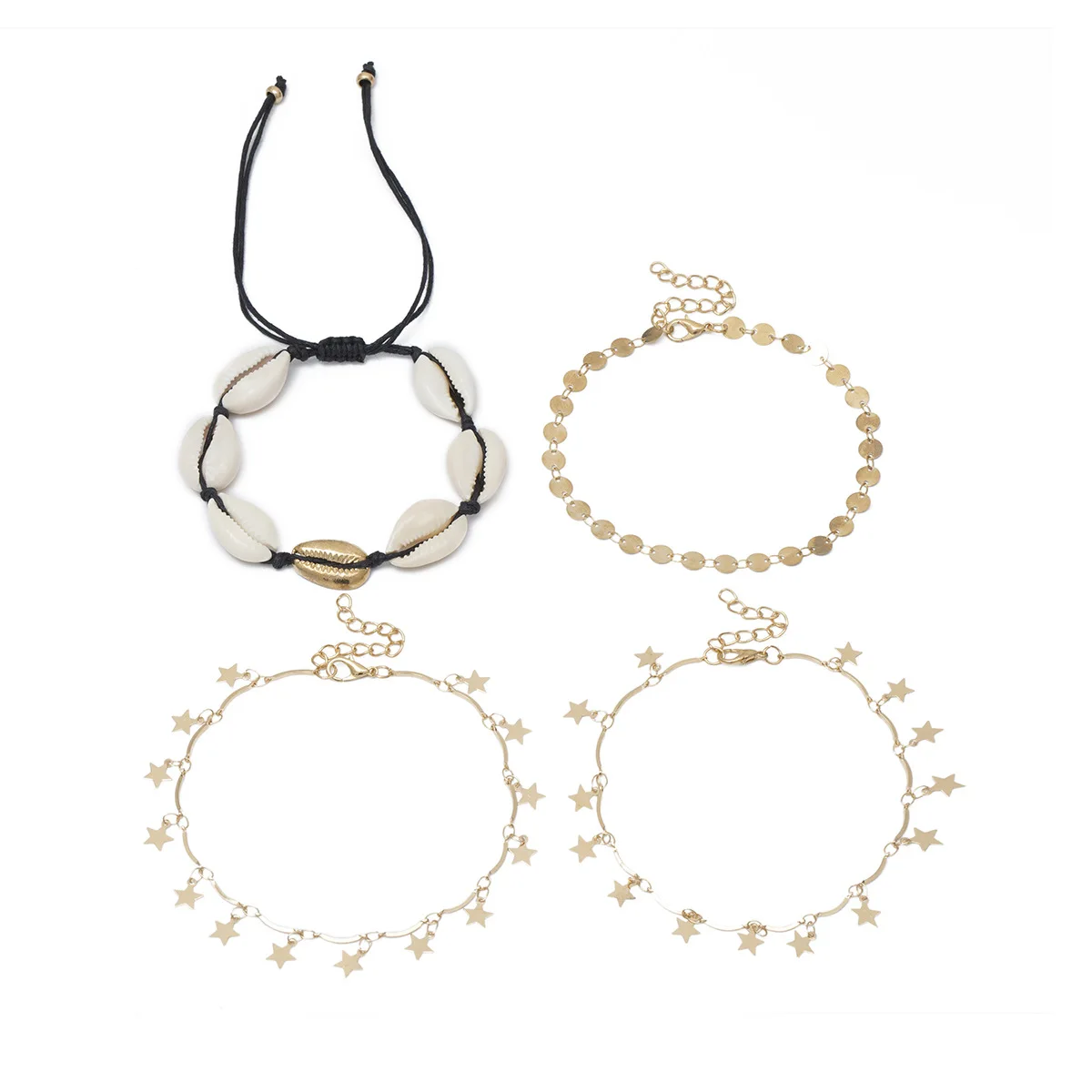 4pcs/set shell Star Vintage Antique Gold Color Anklet Women shell sequins Beads Geometric Bracelet Charm Ankle Boho Foot Jewelry - Окраска металла: 0621893G