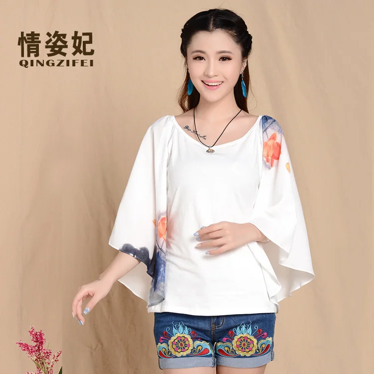 Love Ethnic Women Pose Princess beautiful lotus big horn sleeve chiffon shirt printing t-shirt female summer |