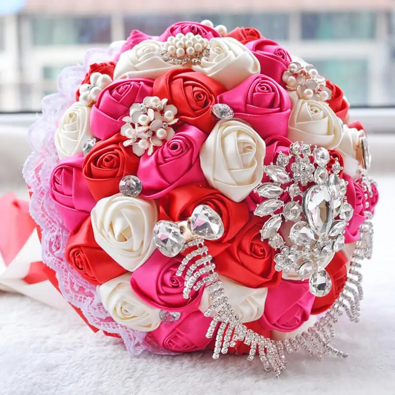 Hot Pink-Ivory MissRDress свадебные букеты с жемчугом цвета слоновой кости потрясающий Кристальный Свадебные букеты Искусственные розы цветы для свадебных аксессуаров JK304 - Цвет: Hot Pink-Ivory