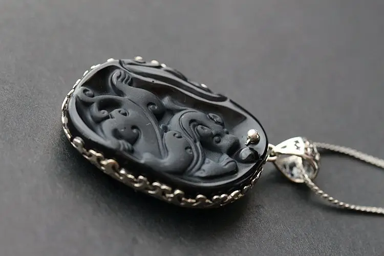 Серебряные модные ювелирные изделия из серебра s925 пробы с подвеска из натурального обсидиана после Кельна резьба тайский серебряный кулон