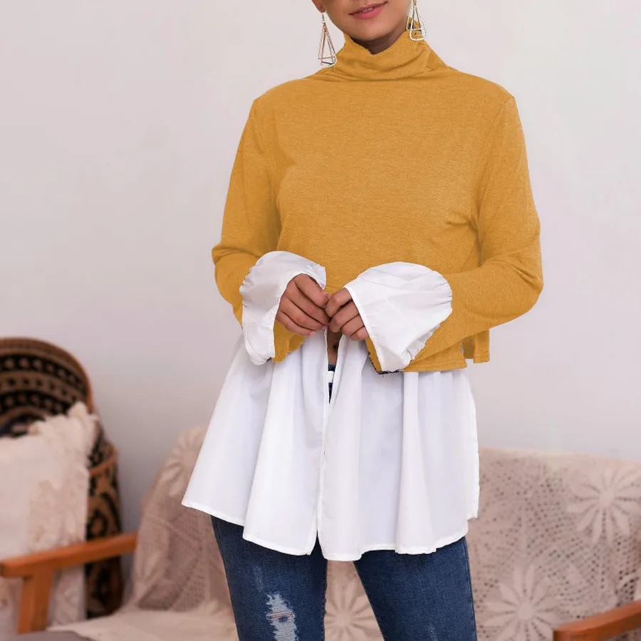 

Irregular Patchwork Turtleneck T Shirt Women's Fall 2019 Winter Long Sleeve Tee Shirts For Ladies Cotton T-Shirts Tops
