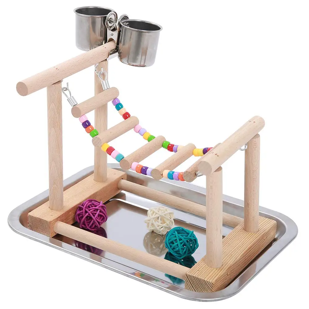 Birds Play Stand with Food Dishes Wood Playground Ladders Parrots Gym Training PerchTable for Small Parrot Parakeet Conure | Дом и сад