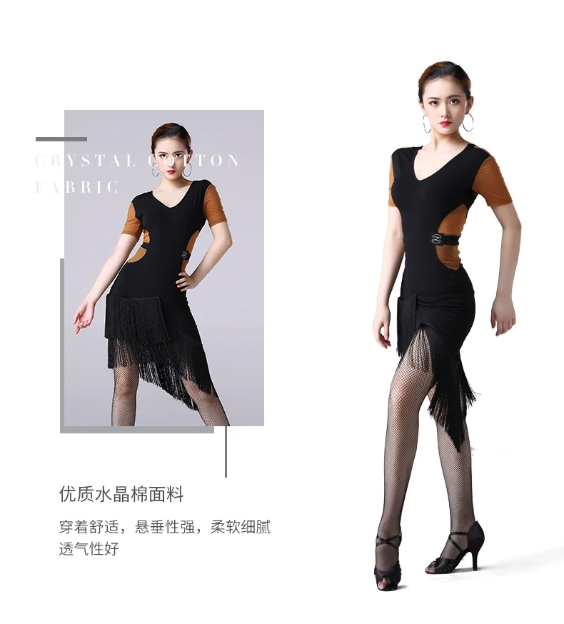 Latin Dance Dress Adult Female Sexy V-Neck Fringed Short Sleeve Dresses For Women'S Ballroom Samba Practice Dance Clothes DL3988