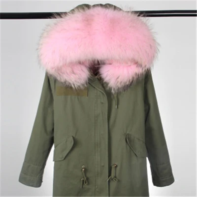 green pink black end Бренд, новинка, уличный стиль, армейский зеленый, зимняя куртка, пальто, женские парки, пальто с большим натуральным мехом, натуральный мех енота, воротник с капюшоном - Цвет: green pink black end