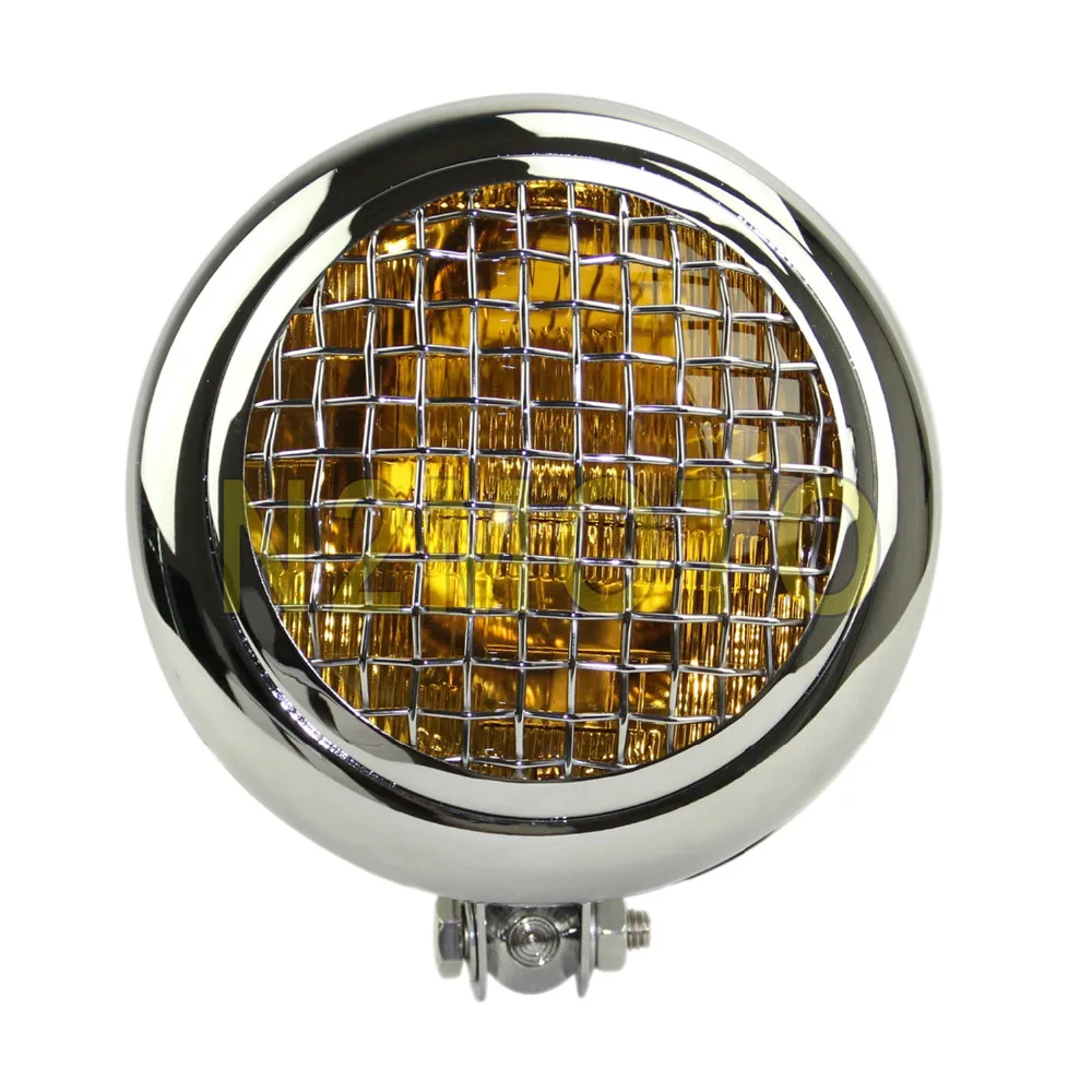 

Chrome Mesh Grill Amber Motorcycles Headlight 5.75" Headlamp 12V 37.5/60W HI/LO Lamp for Harley Cafe Racer Bobber Chopper