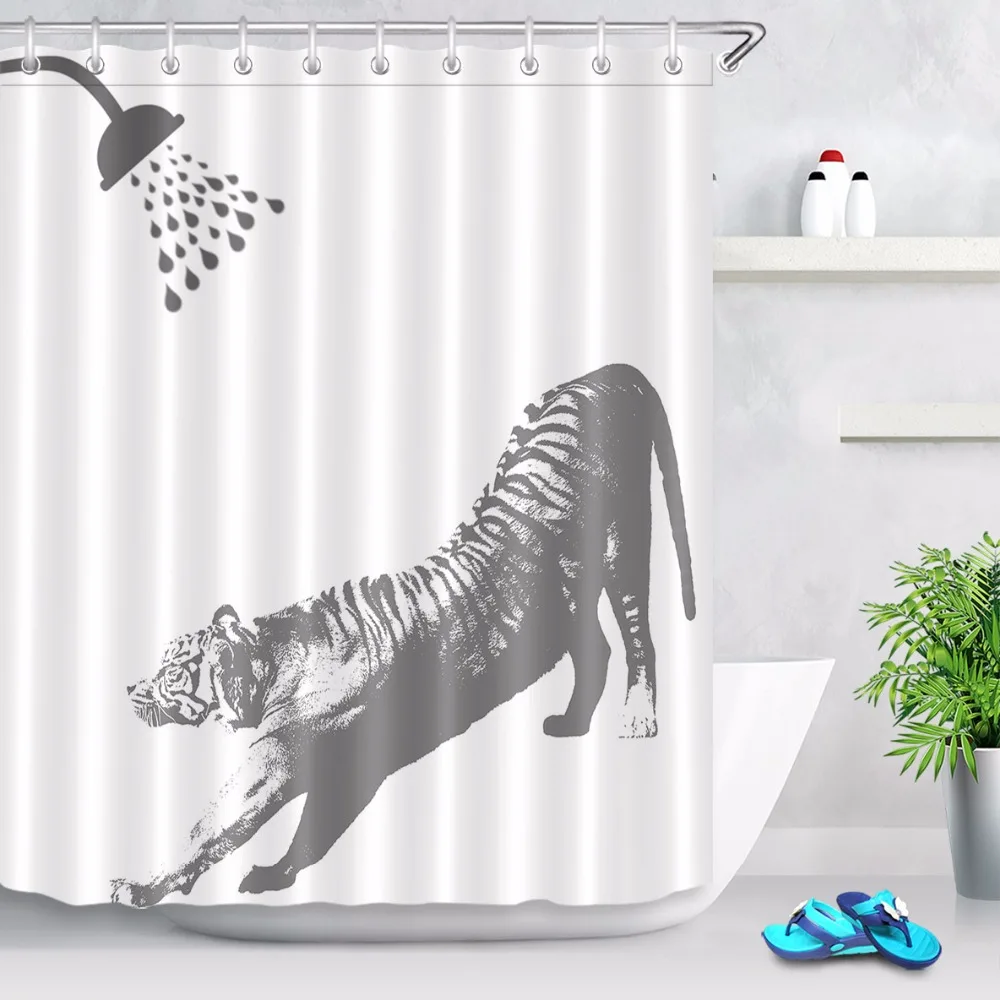 

Animal Shadow Shower Curtain Tiger Bathroom White Waterproof Washable Mildew Resistant Polyester Fabric for Kids Bathtub Decor