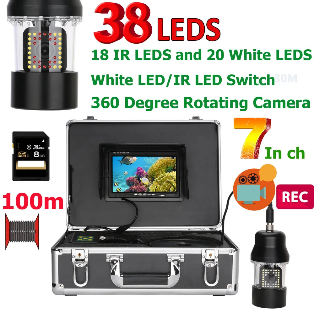 

7 Inch DVR Recorder 20M 50M 100M Underwater Fishing Video Camera Fish Finder IP68 Waterproof 38 LEDs 360 Degree Rotating Camera