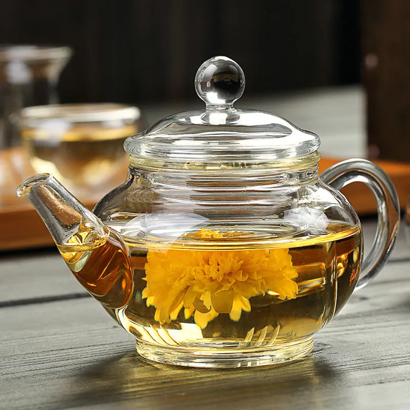 Стеклянный чайник 200 мл с фильтром чайный Tetera Con Filtro Cristal Black Tea Flowers китайский кунг
