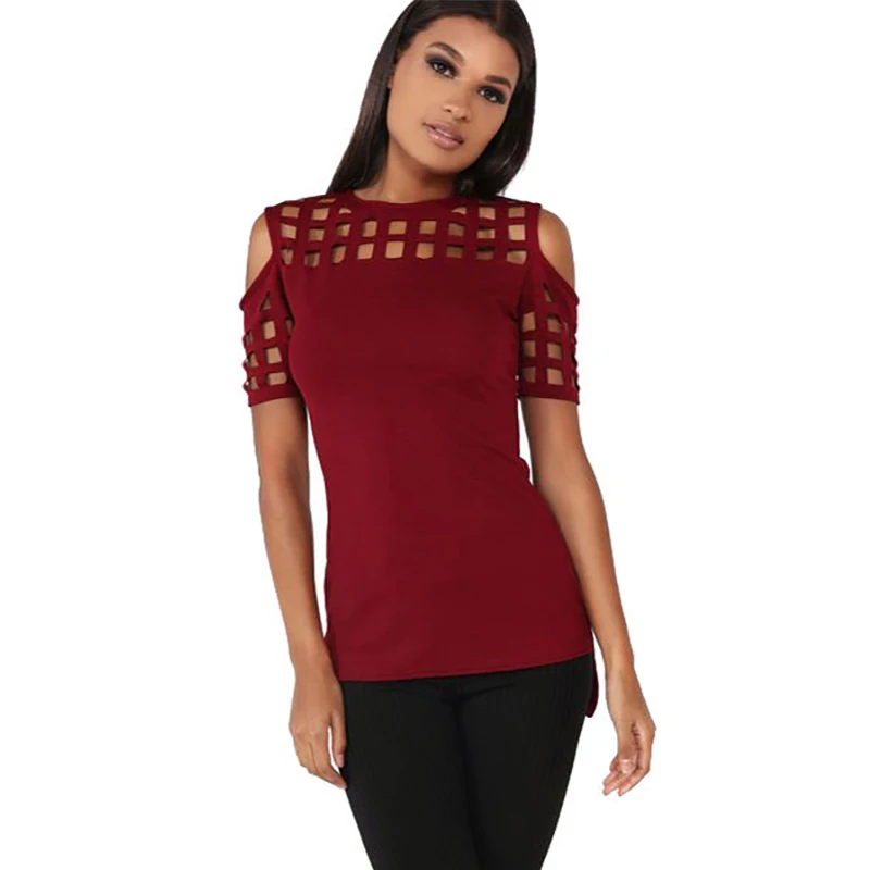

2019 Summer Blusas Sexy Shirts Slim Hollow Out Shirts Plus Size Block Cold Shoulder Blouse Slim Blusa Feminino Women Tops