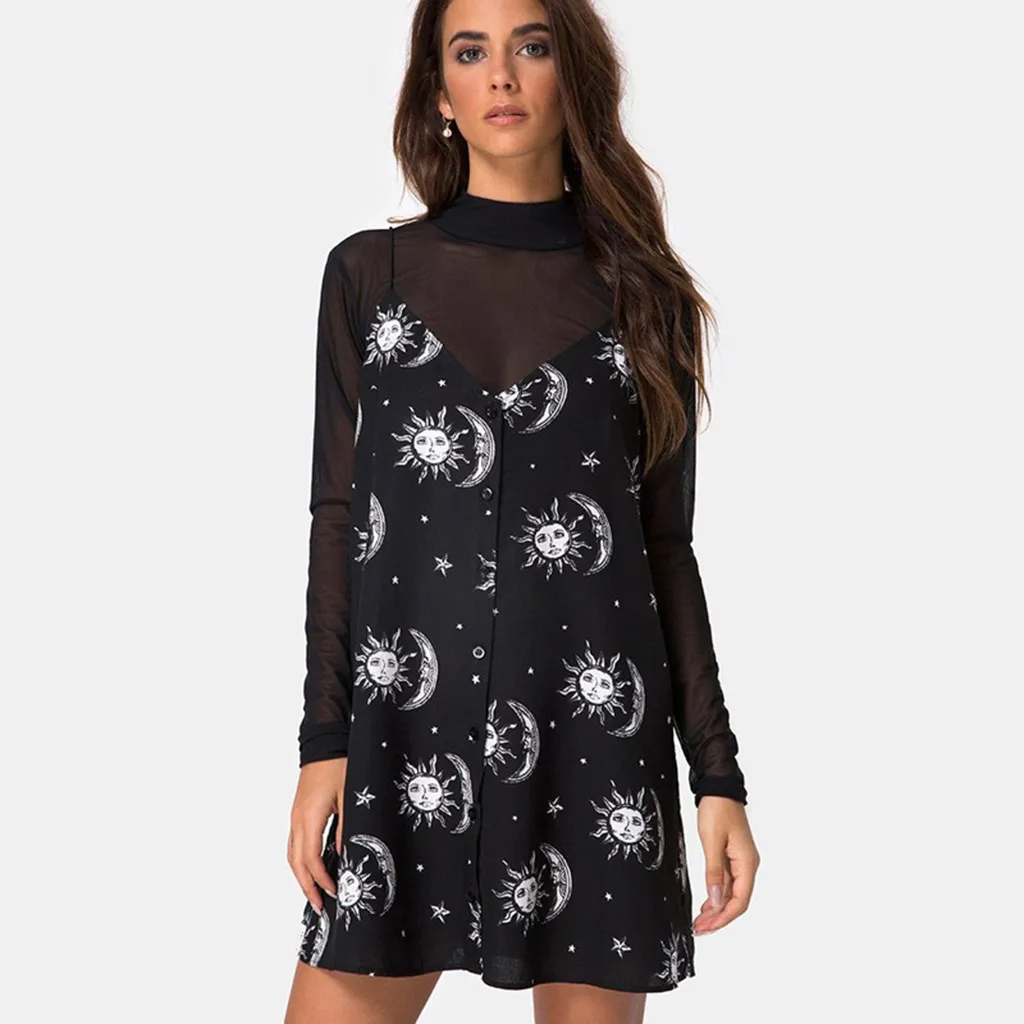 

Summer fashion good-looking dress women's street Gothic punk black sun and moon stars print sleeveless tight dress robe femme40*