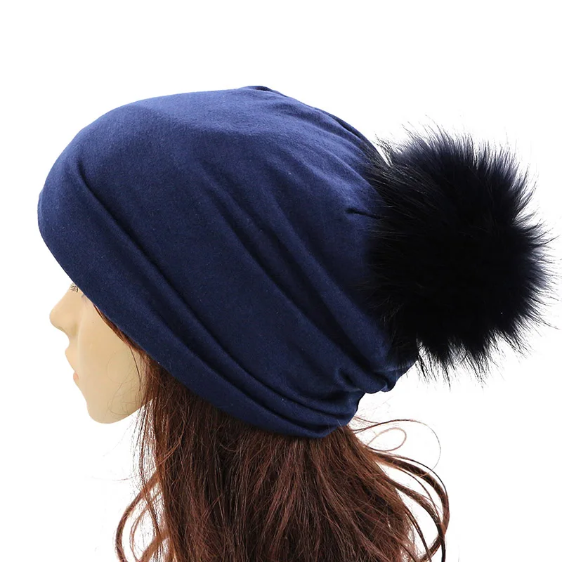 GZHILOVINGL женская шапка Весенняя тонкая женская однотонная шапка Skullies шапка с натуральным мехом шапки с помпоном Черные Серые шапки