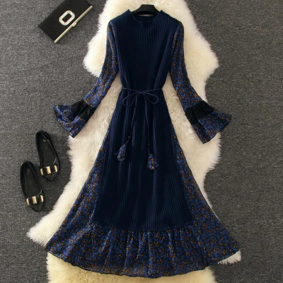 Женское платье новинка весна-осень 2018 фиолетовое корейское с круглым вырезом и