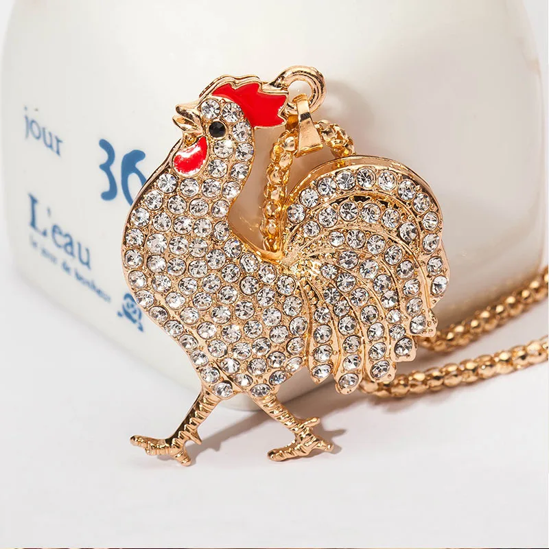 Rhinestone Tail 6 видов Петух Курица полный Блестящий Кристалл тела необычные цвета перо курица кулон длинное ожерелье для женщин - Окраска металла: Rhinestone Tail
