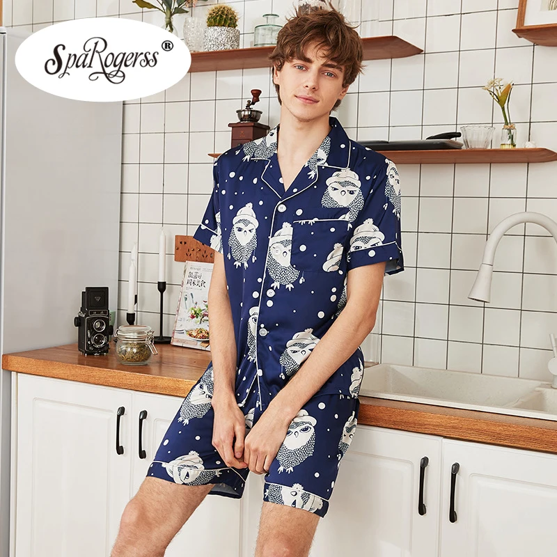 2019 New Men's Short Pajamas Sets Faux Silk Sleepwear Leisure Men Pijamas Home Clothes High Quality Nightclothes Gift TZ1002 | Мужская