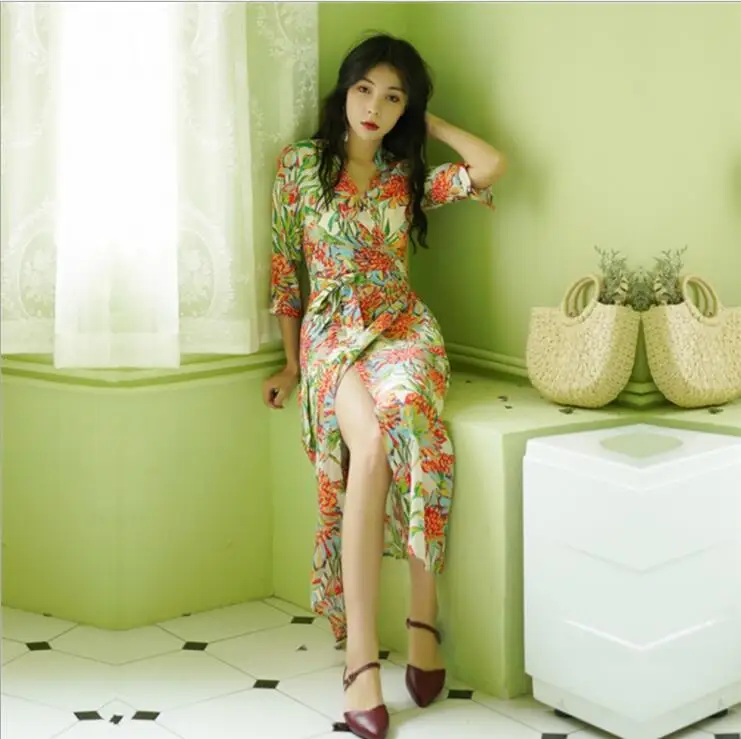 

2019 Sexy Wrap Dress Half Sleeve Front Slit Long Dress Summer Women Beach Casual Sundress Vestidos