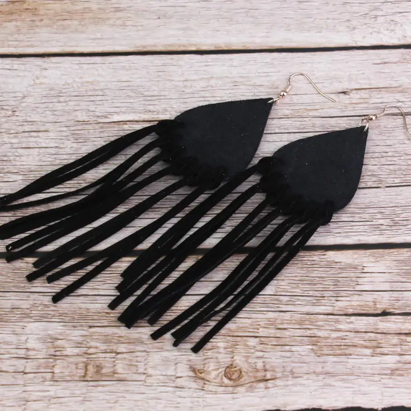 ZWPON Extra Long Suede Leather Tassel Fringe Earrings for Women 2019 Fashion Genuine Leather Teardrop Earrings Leather Jewelry