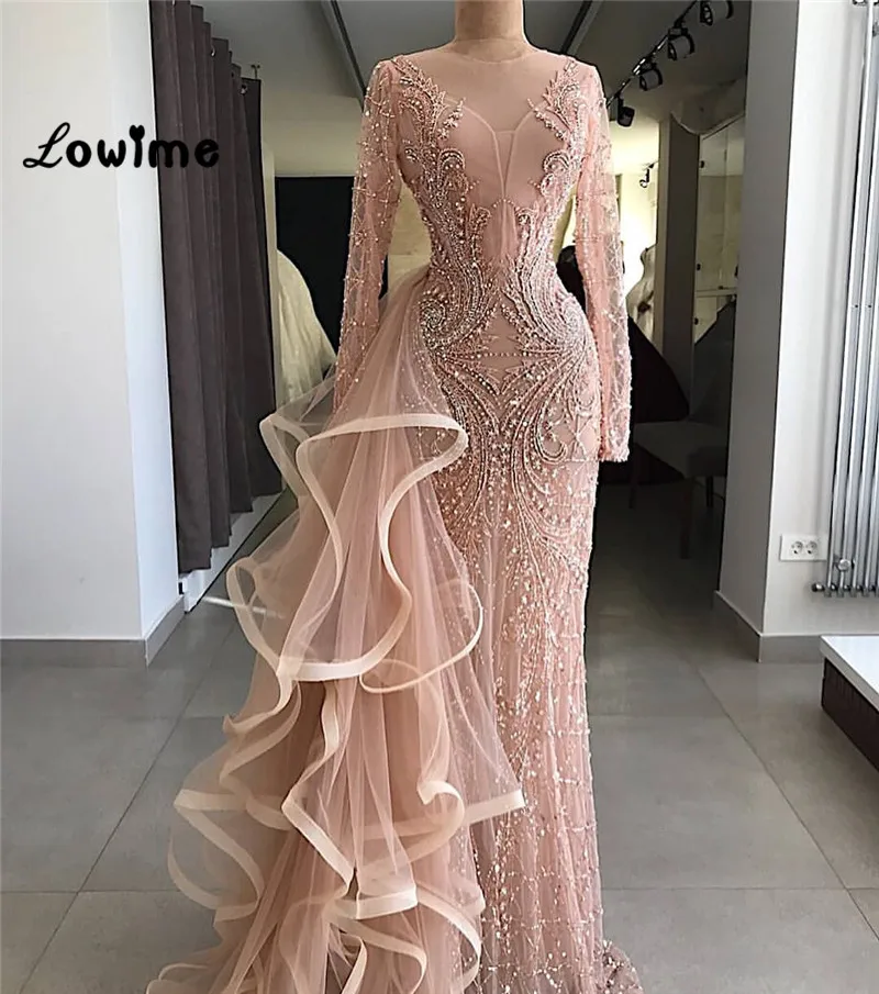 Couture Mermaid Formal Evening Dresses With Long Sleeves Handmade Beaded Crystal Tulle Illusion Party Gown For Weddings 2018 | Свадьбы и