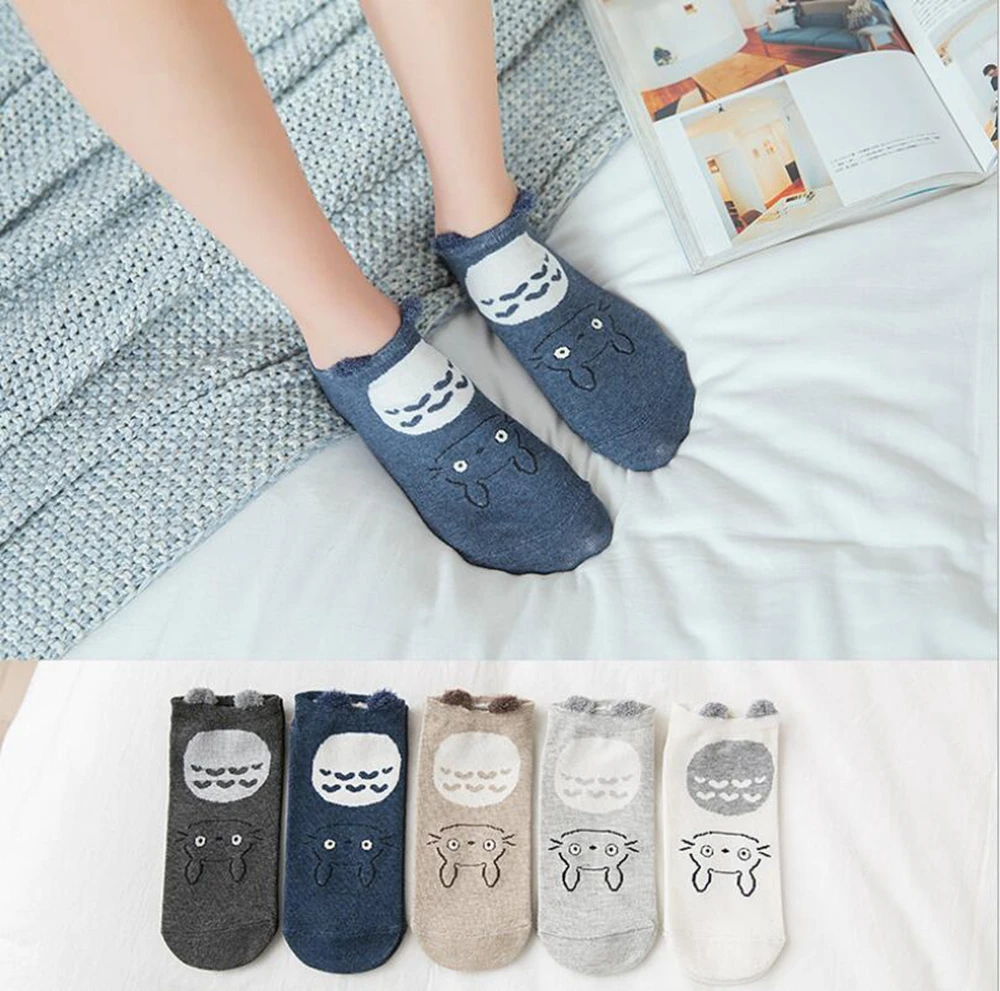 5pairs Women Cute Socks Harajuku Cartoon Cat Pattern Casual Cotton Happy Funny Female Ankle Socks Thin Summer Low Cut Style
