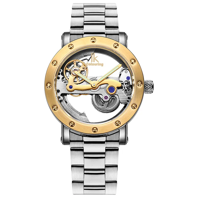 Gold Steel IK coloring оригинальные мужские наручные часы автоматические механические часы со скелетом прозрачные Брендовые мужские часы из нержавеющей стали Montre Homme - Цвет: Gold Steel
