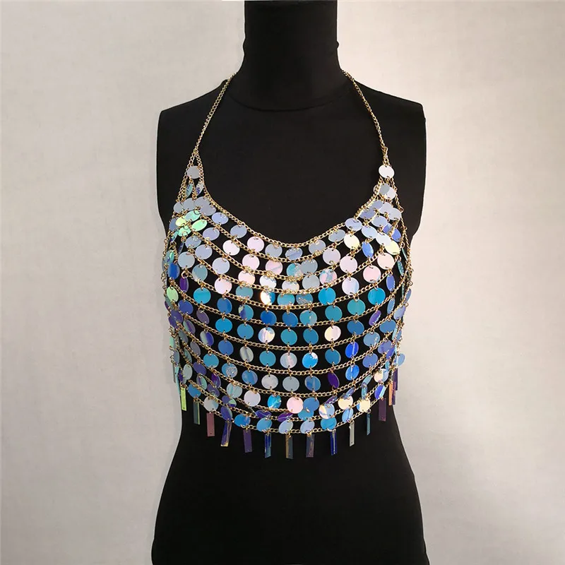 

Godier Shiny Colorful Sequin Tassel Crop Top Boho Handmade Patchwork Hollow Out Beach Party Burning Cami Top For Women 2020