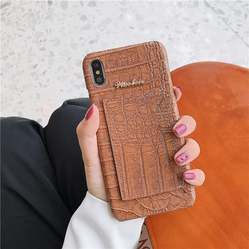 Коричневый Crocodile skin phone case For iphone 6 6S 7 8 Plus XR X XS MAX case Leather shot Half pack slell holder Card Hard shell cover - Цвет: Коричневый
