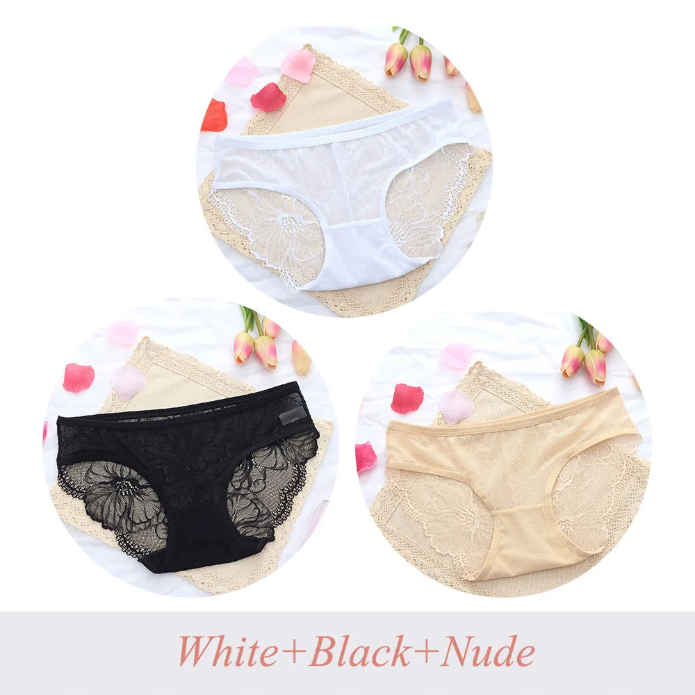 WhiteBlackNude 3 шт., сексуальные кружевные трусики, женские прозрачные трусы с низкой посадкой, дамское нижнее белье, трусы большого размера, нижнее белье, трусики - Цвет: WhiteBlackNude
