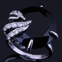 trendy round black cubic zirconia white cz silver plated ring v0557