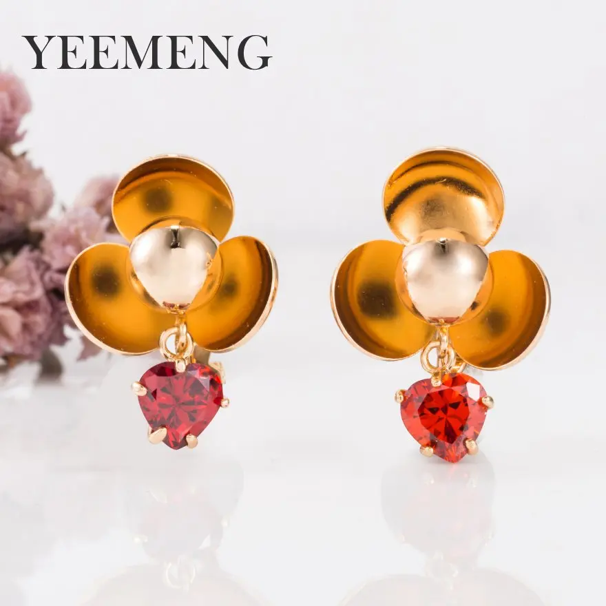 Серьги YEEMENG Korea 585 розовое золото цветок разноцветные циркониевый зажим on без