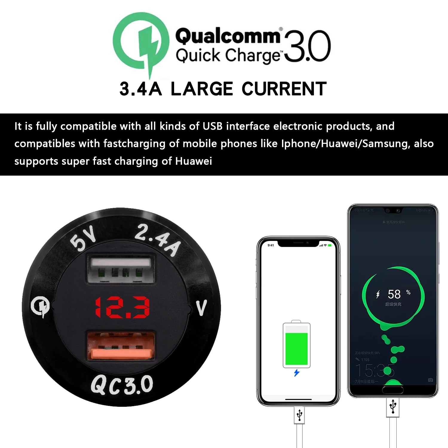 Быстрое зарядное устройство с двумя USB-портами 12-24 В QC3.0 USB-зарядное для мотоцикла